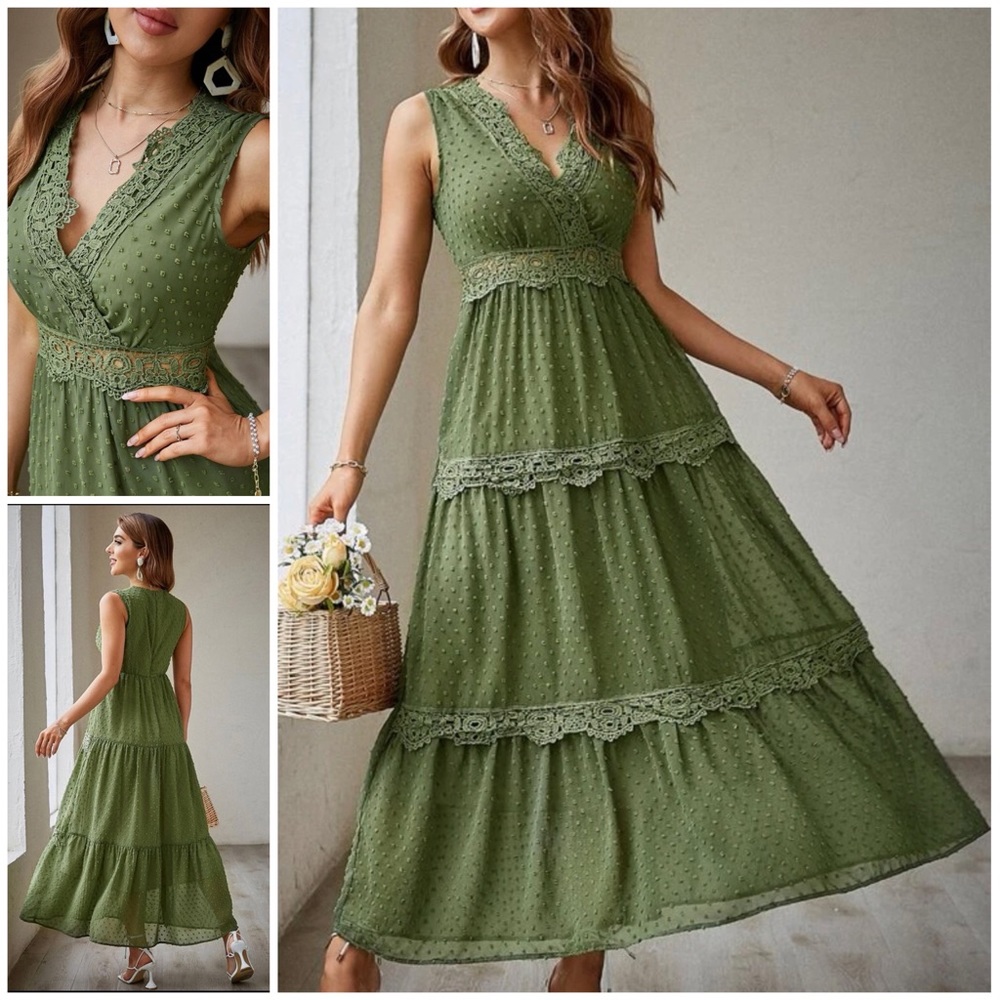 🆕Lace Trim Olive Green Dress